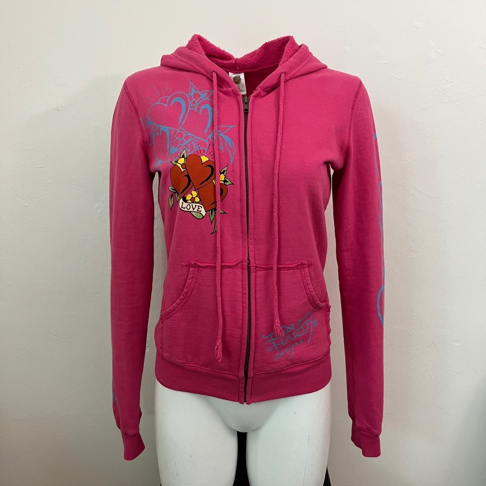 Ed Hardy Pink Zip Up Hoodie Heart Tattoo Graphic Y2K Christian Audigier Medium